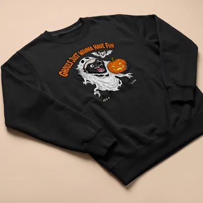 Cartoon honey badger with text 'GHOULS JUST WANNA HAVE FUN' in black, white, orange, and gray. — printed on a unisex sweatshirt
