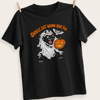 Cartoon honey badger with text 'GHOULS JUST WANNA HAVE FUN' in black, white, orange, and gray.