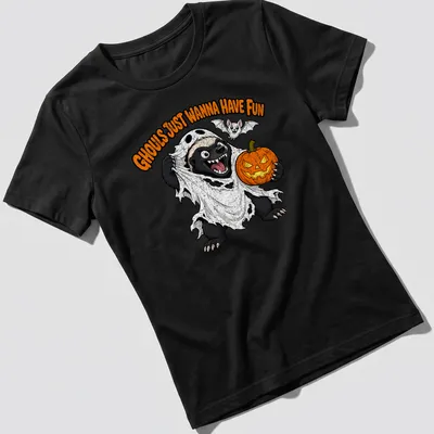Cartoon honey badger with text 'GHOULS JUST WANNA HAVE FUN' in black, white, orange, and gray. — printed on a women's shirt