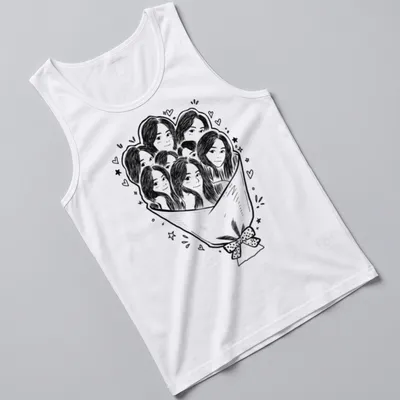 Kawaii line-art of a bouquet with multiple faces in black and white — printed on a tank top