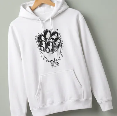 Kawaii line-art of a bouquet with multiple faces in black and white — printed on a unisex hoodie