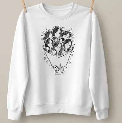 Kawaii line-art of a bouquet with multiple faces in black and white — printed on a unisex sweatshirt