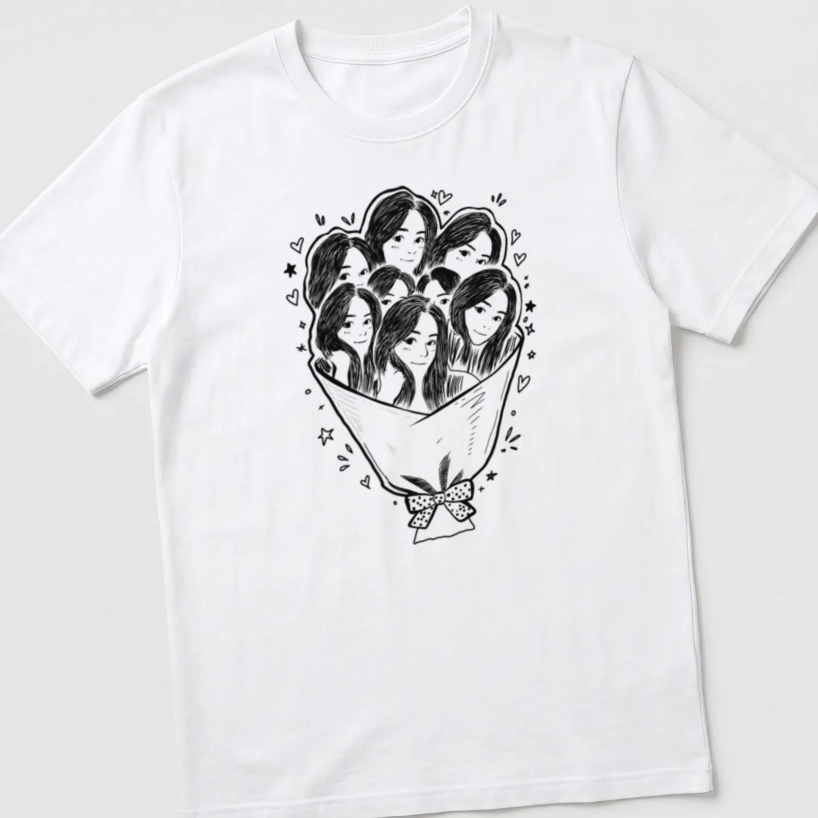Kawaii line-art of a bouquet with multiple faces in black and white — printed on a unisex t-shirt