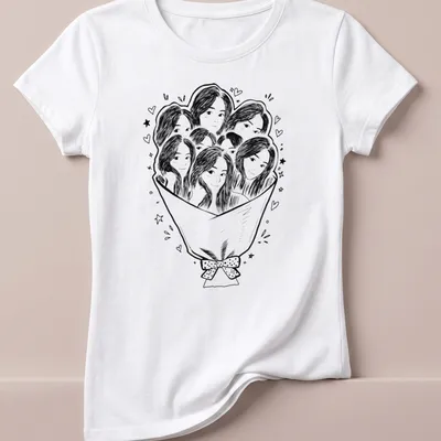Kawaii line-art of a bouquet with multiple faces in black and white — printed on a women's shirt
