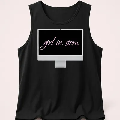 Elegant script reading 'girl in stem' in pink and black typography — printed on a tank top