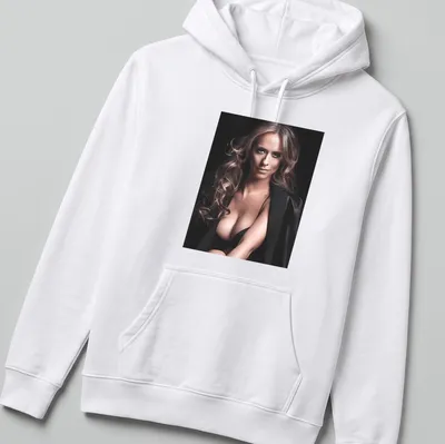 Glamour portrait of a woman with long wavy hair in elegant colors — printed on a unisex hoodie
