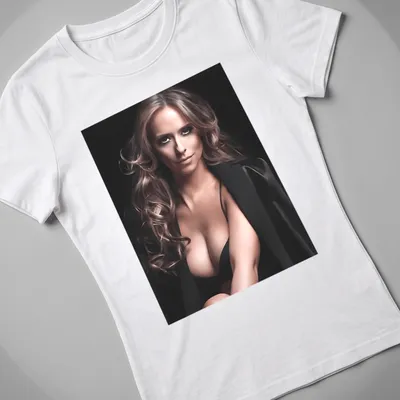 Glamour portrait of a woman with long wavy hair in elegant colors — printed on a women's shirt