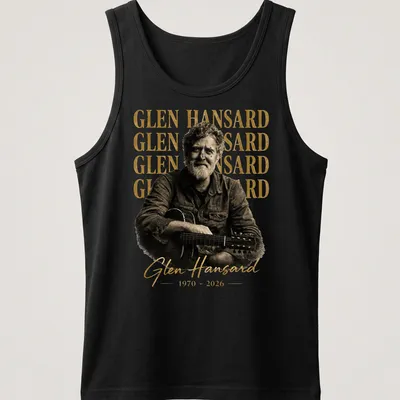 Vintage tribute tee featuring Glen Hansard's name in gold and black — printed on a tank top