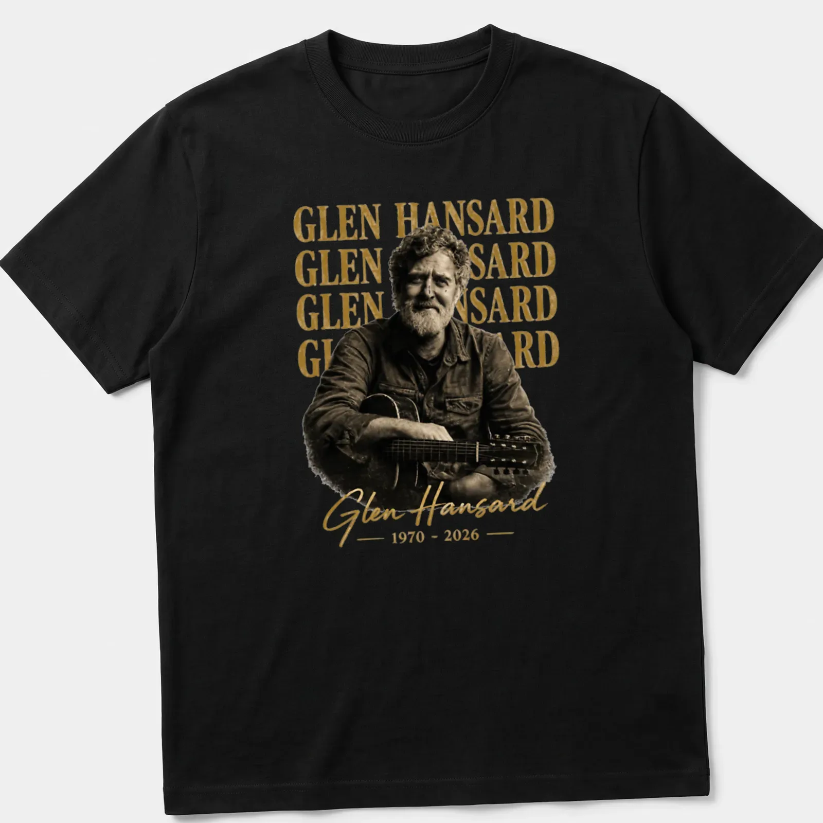 Vintage tribute tee featuring Glen Hansard's name in gold and black — printed on a unisex t-shirt