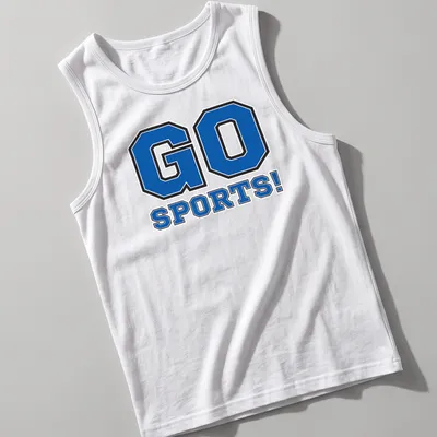 Bold collegiate sports cheer t-shirt with 'GO SPORTS!' text in blue and black — printed on a tank top