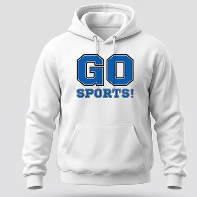Bold collegiate sports cheer t-shirt with 'GO SPORTS!' text in blue and black — printed on a unisex hoodie