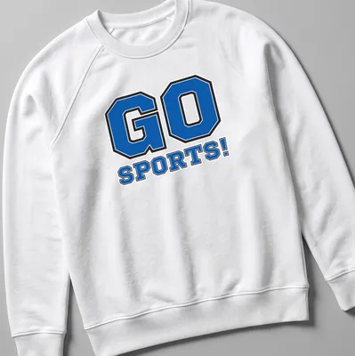 Bold collegiate sports cheer t-shirt with 'GO SPORTS!' text in blue and black — printed on a unisex sweatshirt