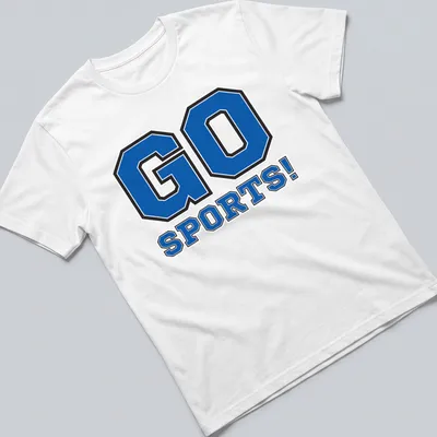 Bold collegiate sports cheer t-shirt with 'GO SPORTS!' text in blue and black
