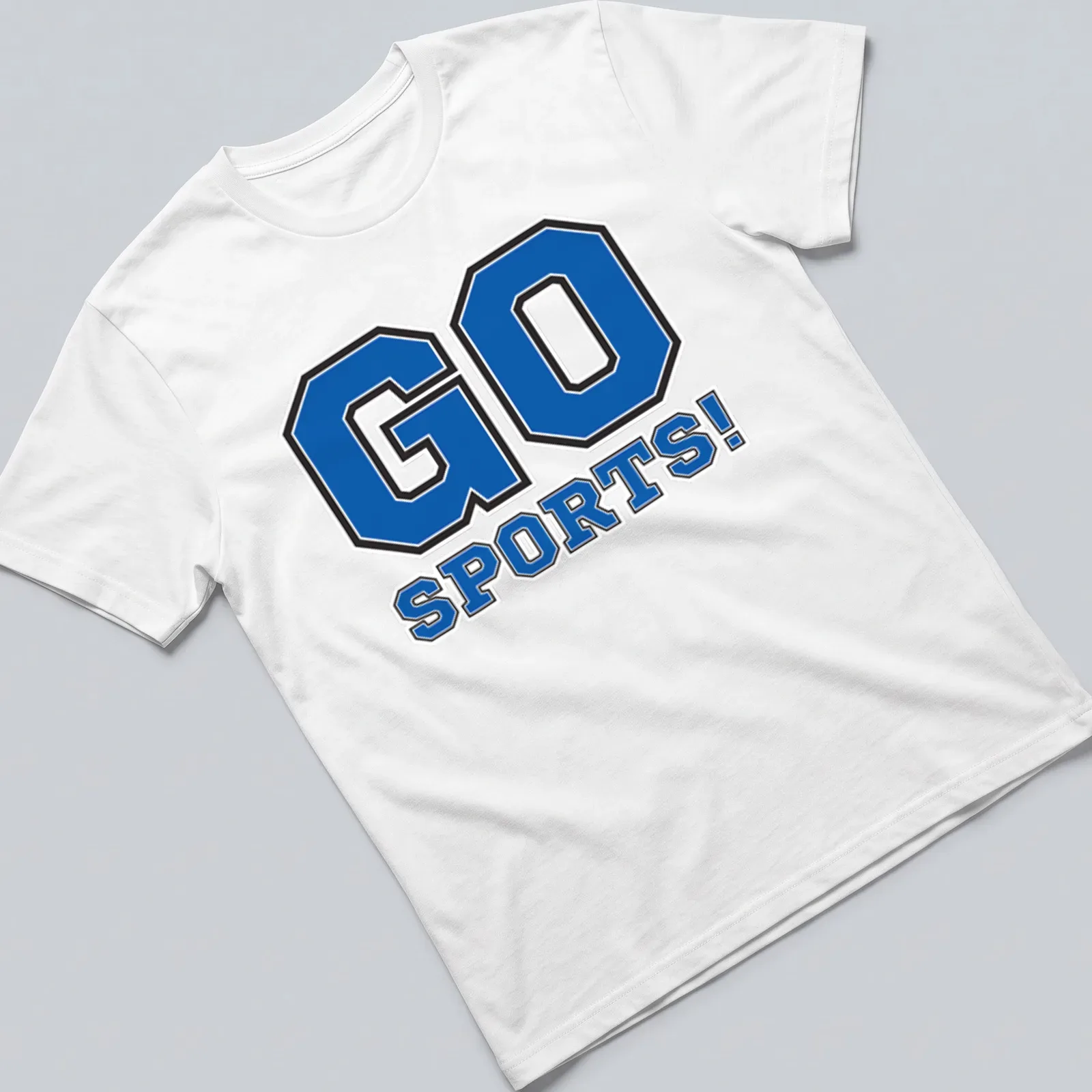 Bold collegiate sports cheer t-shirt with 'GO SPORTS!' text in blue and black — printed on a unisex t-shirt