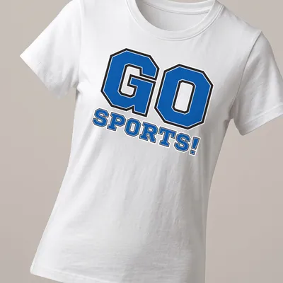 Bold collegiate sports cheer t-shirt with 'GO SPORTS!' text in blue and black — printed on a women's shirt
