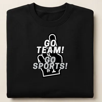 Bold graphic of a foam finger with 'GO TEAM! GO SPORTS!' text in black, white, and gray — printed on a unisex sweatshirt