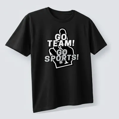 Bold graphic of a foam finger with 'GO TEAM! GO SPORTS!' text in black, white, and gray — printed on a unisex t-shirt (angled view)