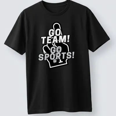 Bold graphic of a foam finger with 'GO TEAM! GO SPORTS!' text in black, white, and gray