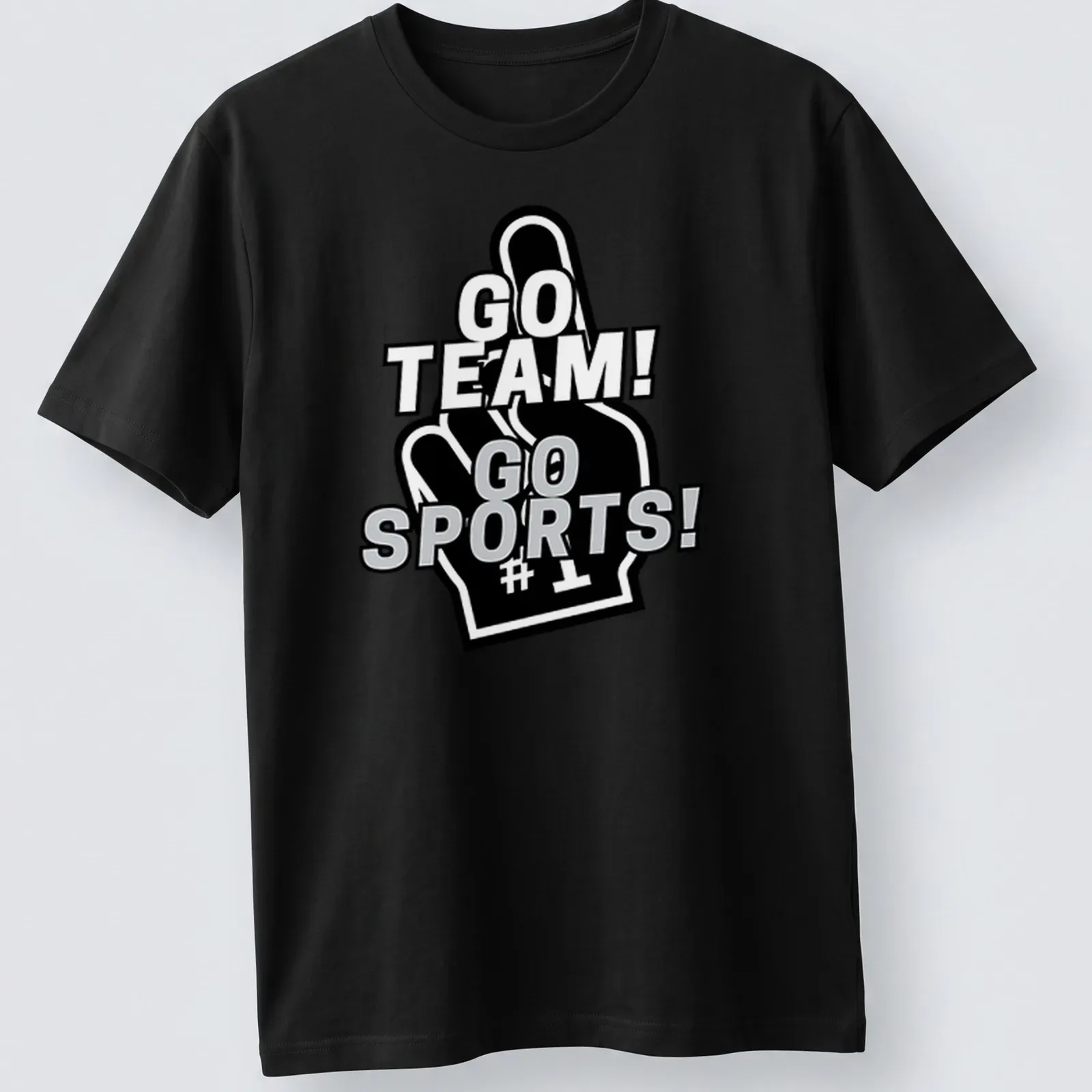 Bold graphic of a foam finger with 'GO TEAM! GO SPORTS!' text in black, white, and gray — printed on a unisex t-shirt