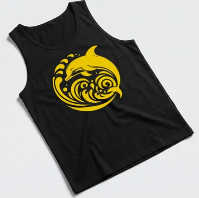 Tribal dolphin design in gold and yellow, leaping through waves — printed on a tank top