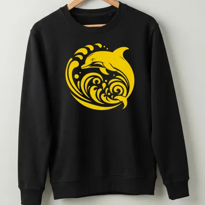 Tribal dolphin design in gold and yellow, leaping through waves — printed on a unisex sweatshirt
