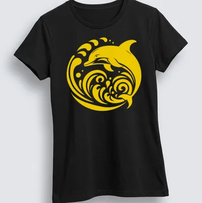 Tribal dolphin design in gold and yellow, leaping through waves — printed on a women's shirt