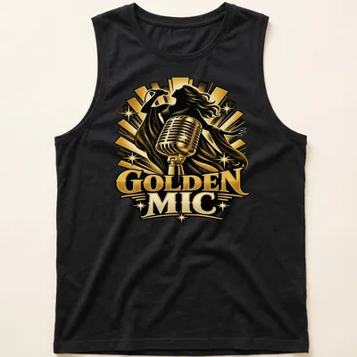 Vintage concert poster style Golden Mic t-shirt featuring a singer and retro typography — printed on a tank top