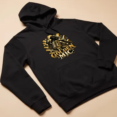 Vintage concert poster style Golden Mic t-shirt featuring a singer and retro typography — printed on a unisex hoodie