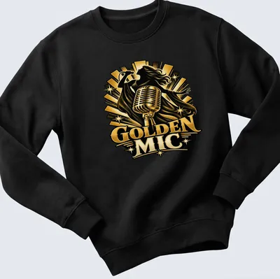 Vintage concert poster style Golden Mic t-shirt featuring a singer and retro typography — printed on a unisex sweatshirt