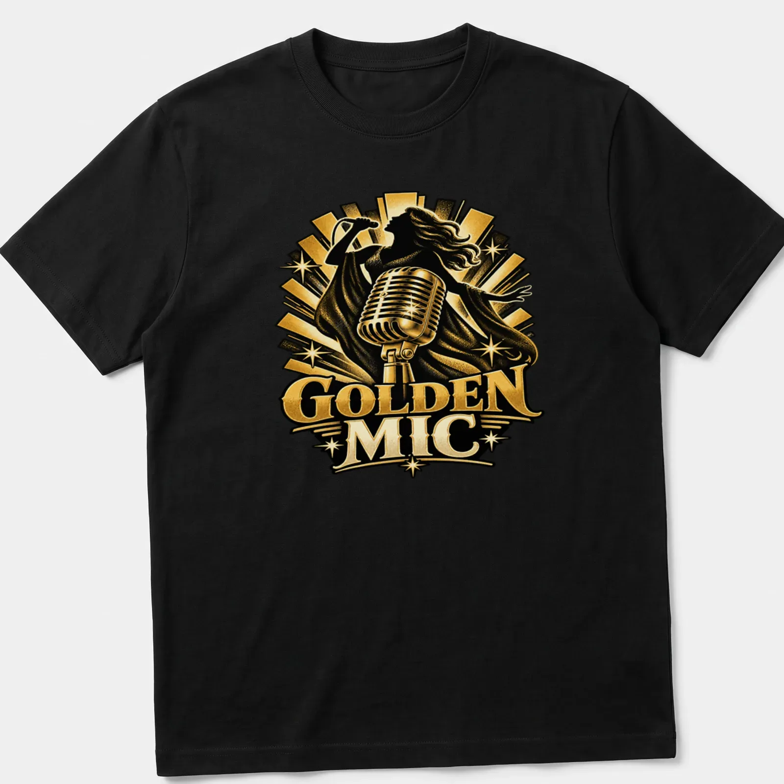 Vintage concert poster style Golden Mic t-shirt featuring a singer and retro typography — printed on a unisex t-shirt