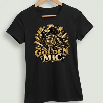 Vintage concert poster style Golden Mic t-shirt featuring a singer and retro typography — printed on a women's shirt