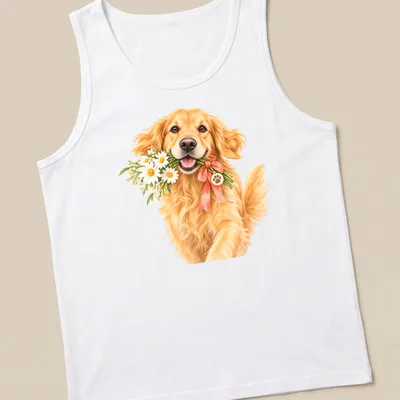 Realistic illustration of a Golden Retriever with a bouquet of flowers in golden and pink tones — printed on a tank top