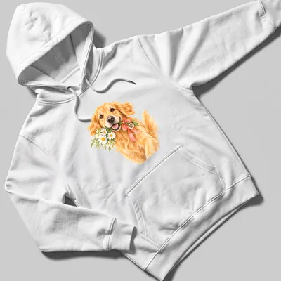 Realistic illustration of a Golden Retriever with a bouquet of flowers in golden and pink tones — printed on a unisex hoodie