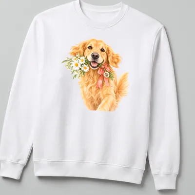 Realistic illustration of a Golden Retriever with a bouquet of flowers in golden and pink tones — printed on a unisex sweatshirt