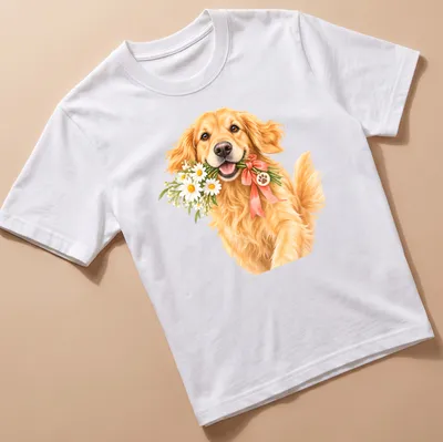 Realistic illustration of a Golden Retriever with a bouquet of flowers in golden and pink tones