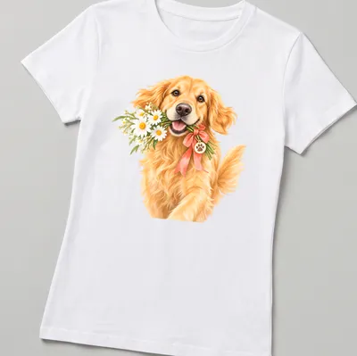Realistic illustration of a Golden Retriever with a bouquet of flowers in golden and pink tones — printed on a women's shirt