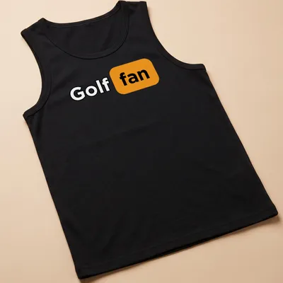 Bold modern Golf Fan t-shirt with striking typography in black and orange — printed on a tank top