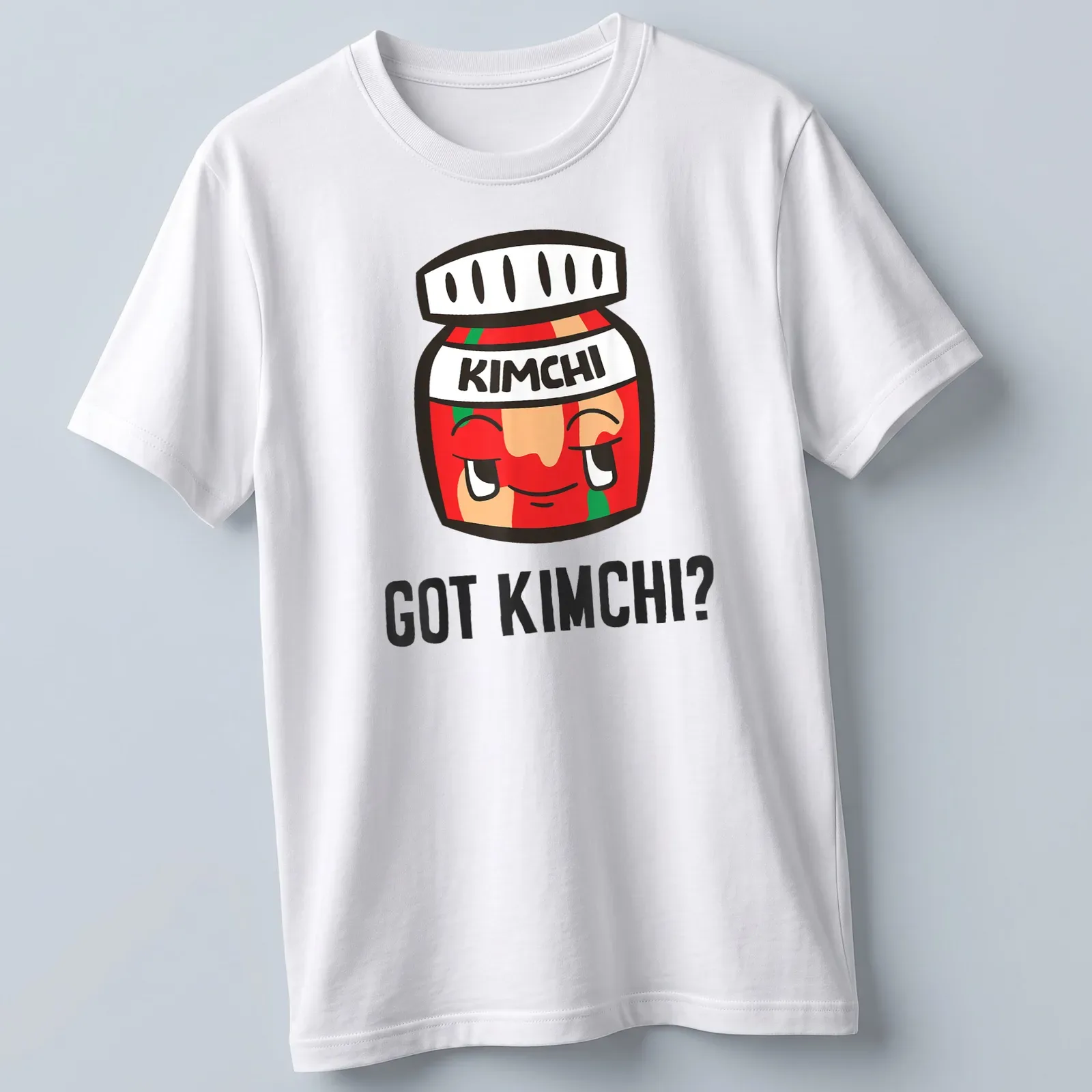 Kawaii kimchi jar t-shirt with cute cartoon design and vibrant colors — printed on a unisex t-shirt