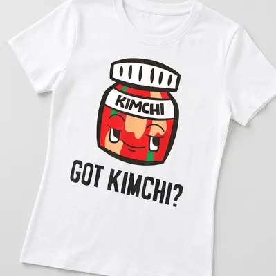 Kawaii kimchi jar t-shirt with cute cartoon design and vibrant colors — printed on a women's shirt