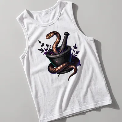 Gothic illustration of a copperhead snake wrapped around an alchemical mortar — printed on a tank top