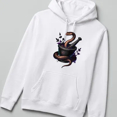 Gothic illustration of a copperhead snake wrapped around an alchemical mortar — printed on a unisex hoodie