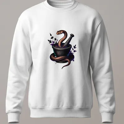 Gothic illustration of a copperhead snake wrapped around an alchemical mortar — printed on a unisex sweatshirt