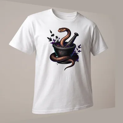 Gothic illustration of a copperhead snake wrapped around an alchemical mortar — printed on a unisex t-shirt (angled view)