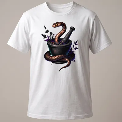 Gothic illustration of a copperhead snake wrapped around an alchemical mortar — printed on a unisex t-shirt