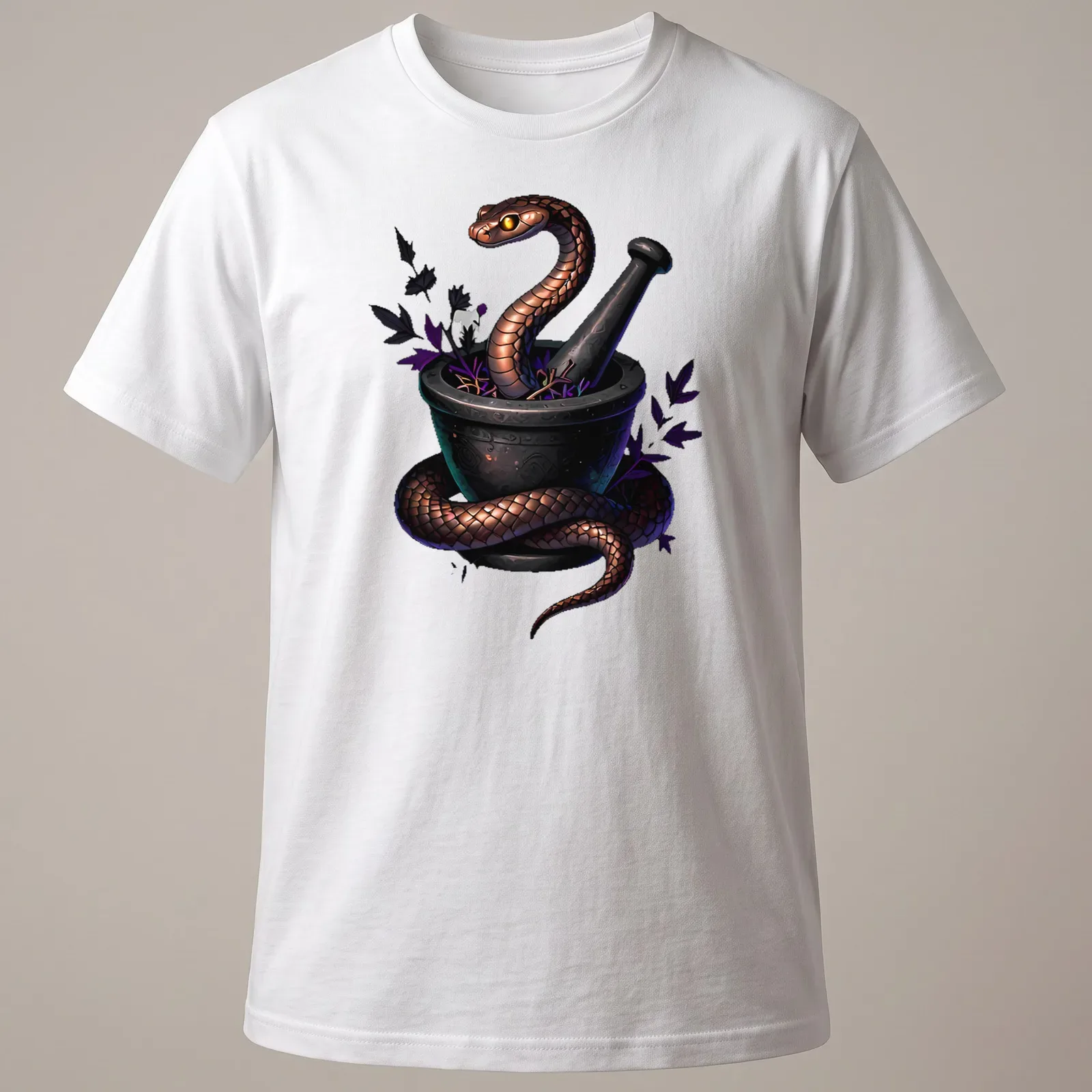 Gothic illustration of a copperhead snake wrapped around an alchemical mortar — printed on a unisex t-shirt