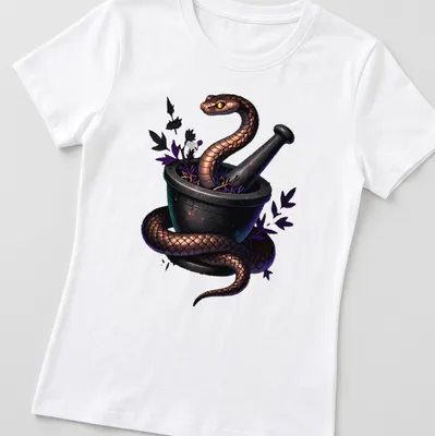 Gothic illustration of a copperhead snake wrapped around an alchemical mortar — printed on a women's shirt