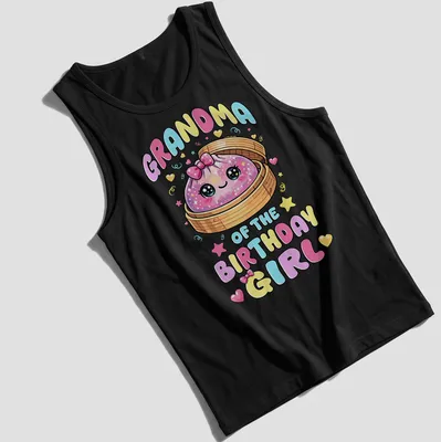 Kawaii style shirt with text Grandma of the Birthday Girl and a cute dumpling — printed on a tank top