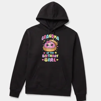 Kawaii style shirt with text Grandma of the Birthday Girl and a cute dumpling — printed on a unisex hoodie