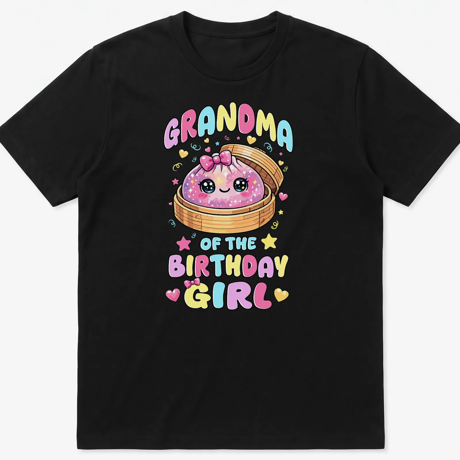 Kawaii style shirt with text Grandma of the Birthday Girl and a cute dumpling — printed on a unisex t-shirt