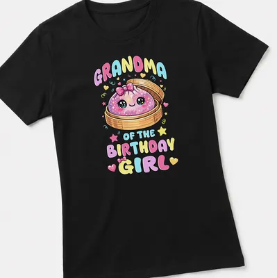 Kawaii style shirt with text Grandma of the Birthday Girl and a cute dumpling — printed on a women's shirt